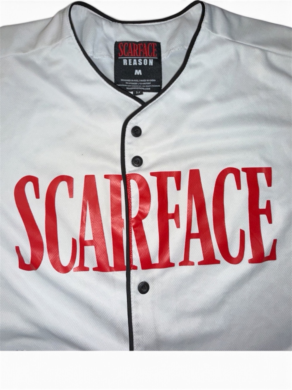 Reason Scarface Sz M White Button Front Baseball Jersey “World Is Yours” - Picture 2 of 5